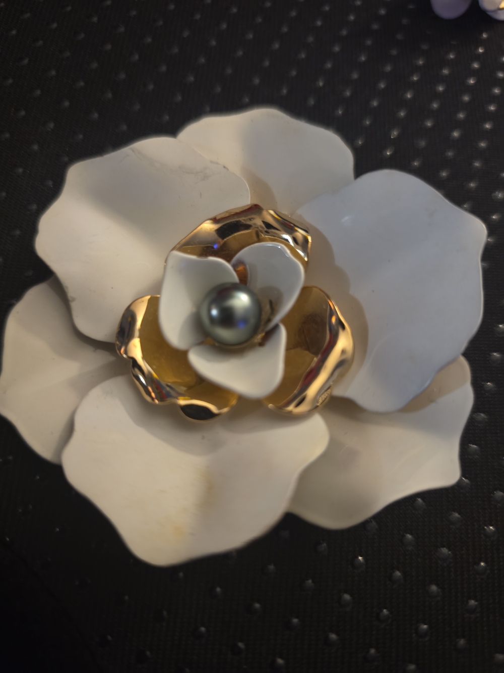 Gold & White Flower Brooch with Dark Pearl Center